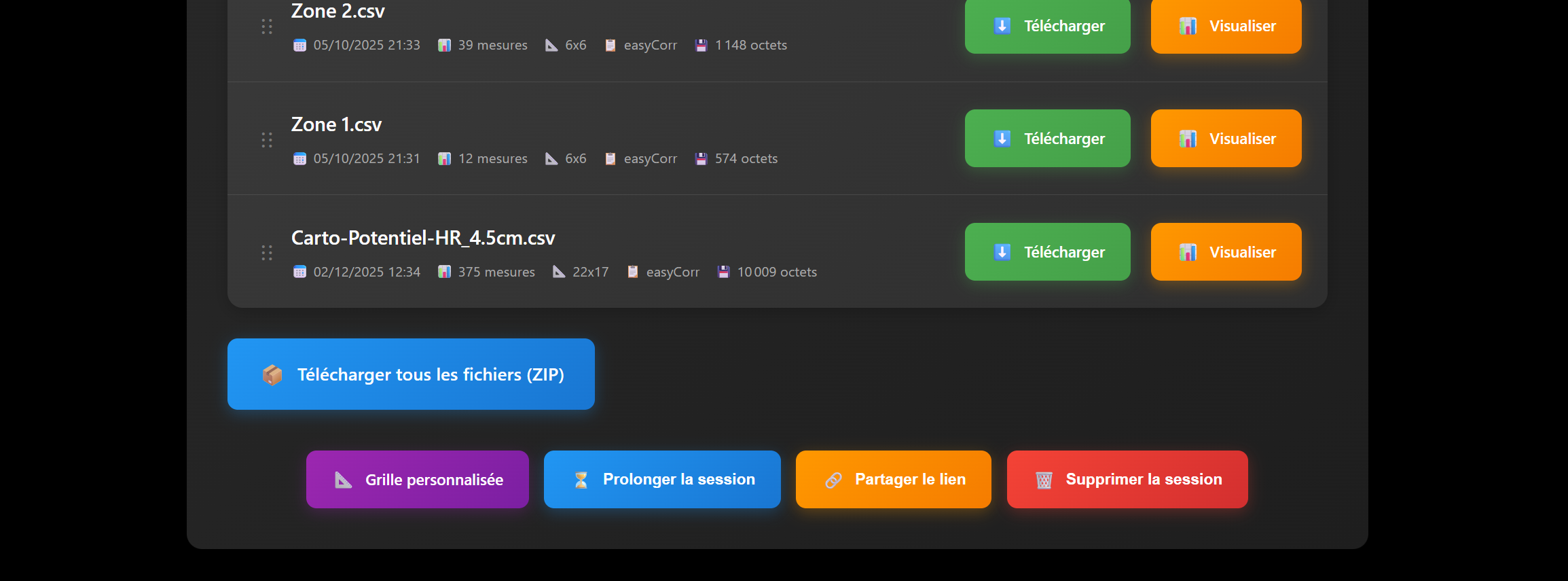 Page d'export cloud easyCorr : liste des fichiers et outils de post-traitement