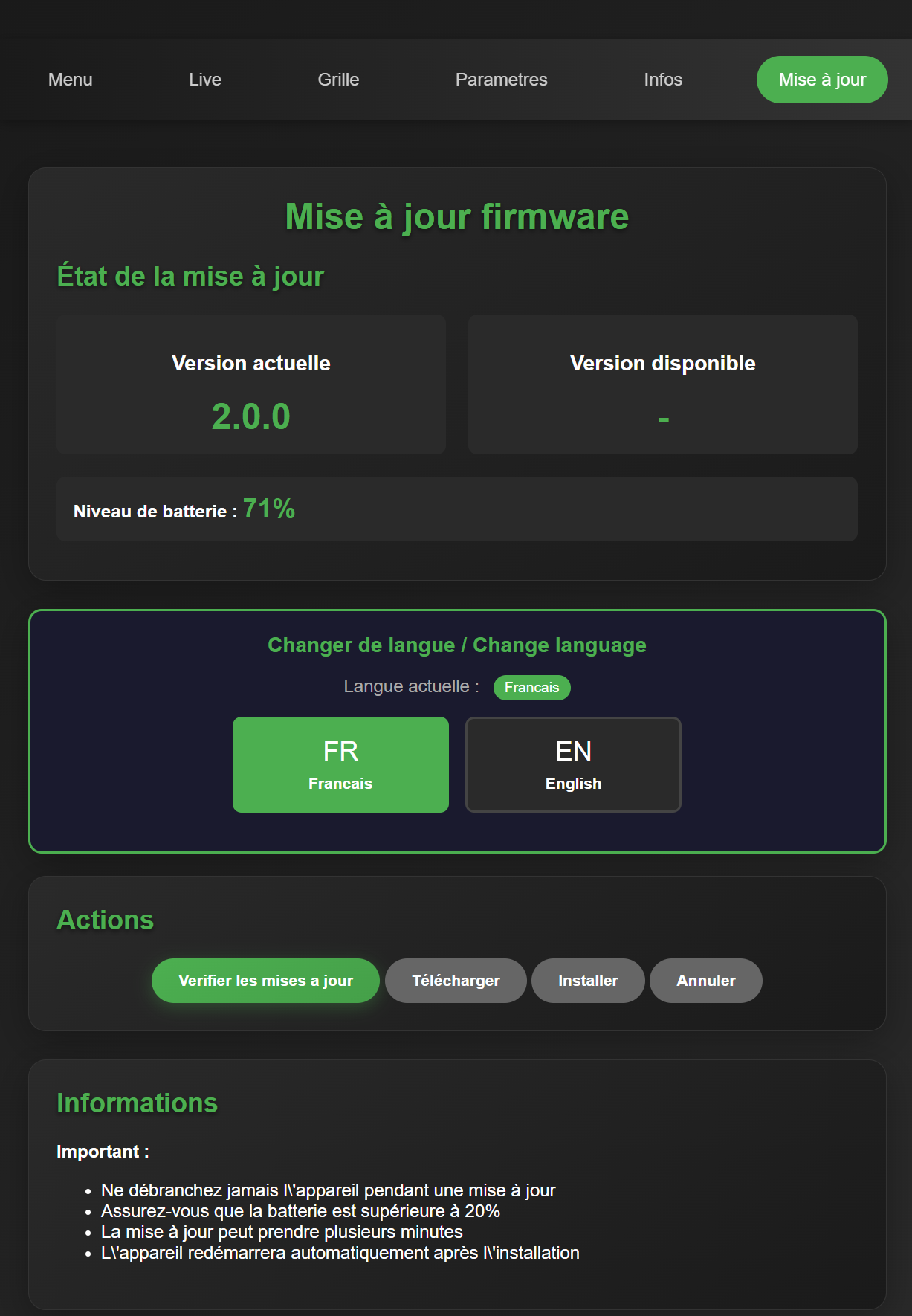 Page Mise à jour firmware du boîtier easyCorr