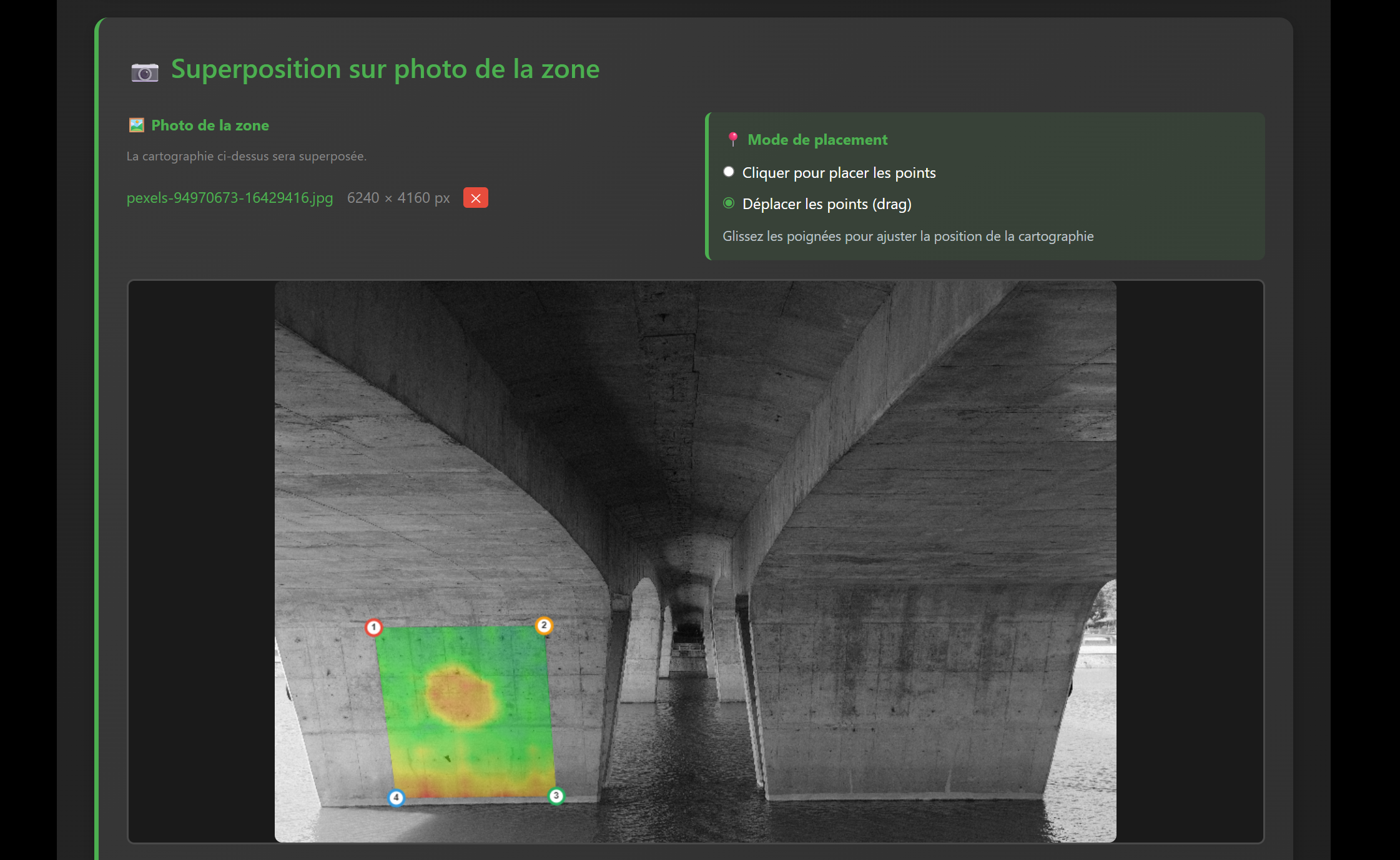 Superposition de la cartographie sur la photo de la zone avec points de calage